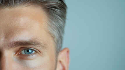 Detailed close up of man scalp with graying hair and blue eye, showcasing texture and color contrast. image captures moment of introspection and maturity
