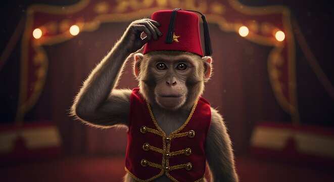 Monkey in Fez Hat Circus Performer Stock Photo