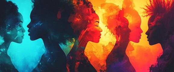 Obraz premium Colorful silhouettes of four women's profiles, facing right, set against a vibrant, abstract background.