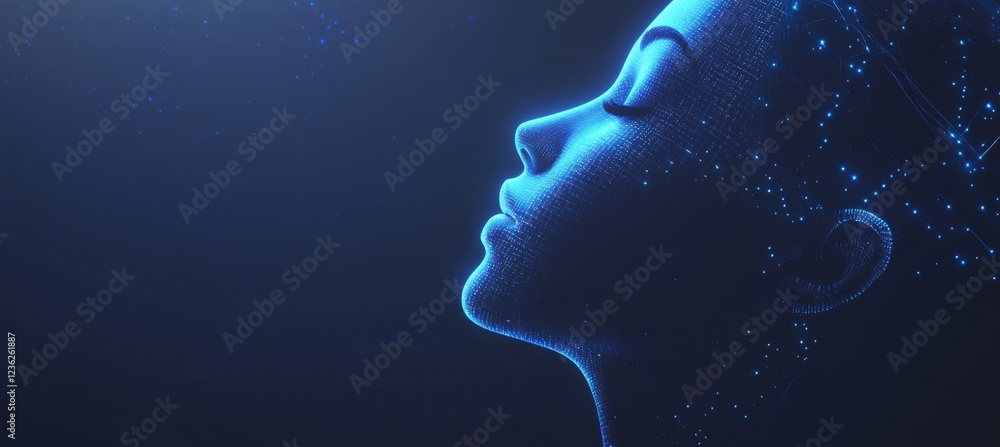 Poster glowing blue profile of a human head, formed by circuit paths and binary code on a dark background