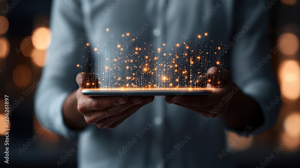 Poster hands holding futuristic digital tablet with glowing interface and holographic display showcasing ad