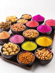 A collection of vibrant, organic Indian spices and nuts in various bowls arranged on a wooden tray, representing the cultural richness of traditional ceremonial seasonings.