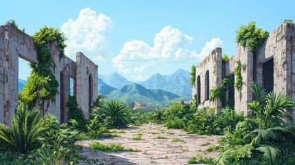 Fototapeta premium Abandoned Ruins Surrounded by Lush Greenery and Majestic Mountains