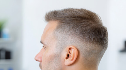 Obraz premium close up view of person hairline showcasing stylish haircut with faded side. clean lines and texture highlight modern grooming trends
