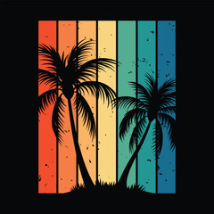 Retro Palm Tree Silhouette with Vintage Striped Sunset Background