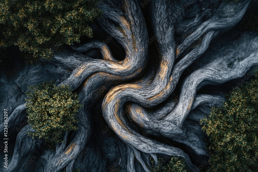 Aufkleber this image captures the intricate and swirling roots of a majestic tree in a forest setting. the vin