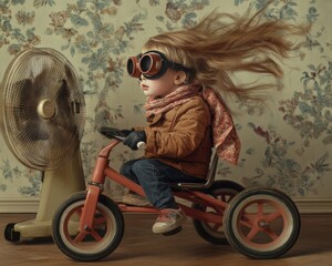 A toddler with long hair, wearing aviator goggles and a scarf, riding a tricycle next to an electric fan.