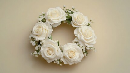 A floral garland of white roses with greenery, arranged in a circular shape on a wooden stand.