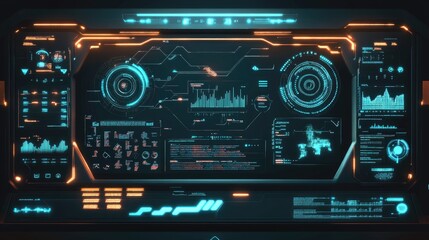A futuristic holographic interface with glowing digital graphs, data streams, and icons, symbolizing innovation and technology