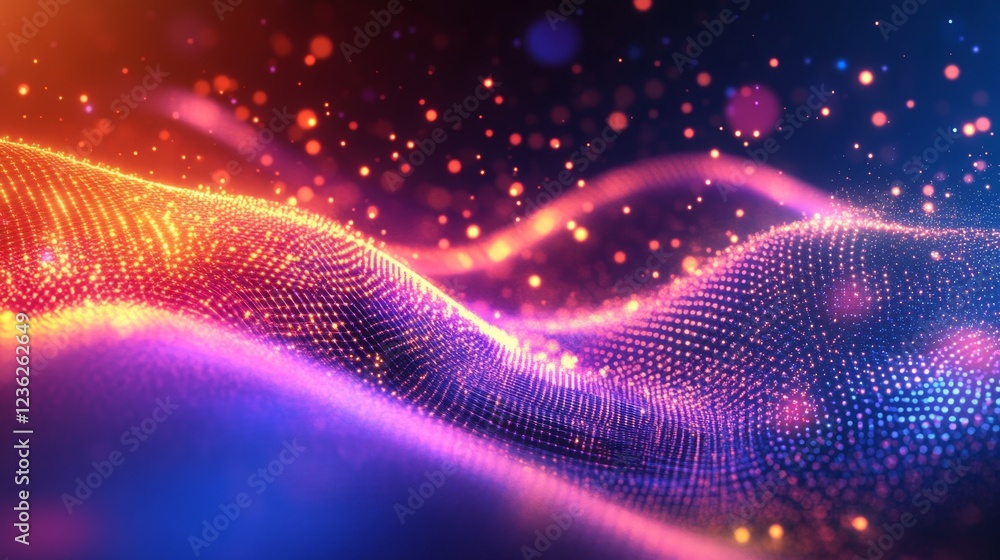 Poster colorful abstract waves with light particles in a smooth flow