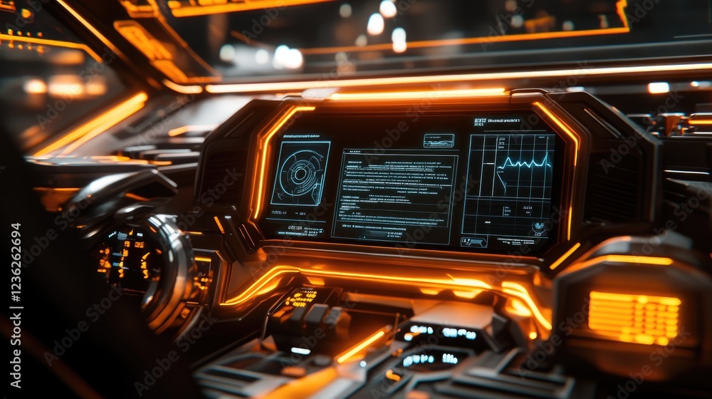 Poster a glowing futuristic interface with dynamic holographic data, seamless charts, and advanced progress