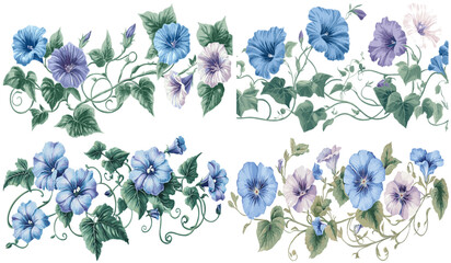 Morning Glory 1850s, intricate engraved style, soft blue and purple flowers, twisting green vines, vintage floral art, detailed engraving, historical floral design, botanical illustration. © aura studio