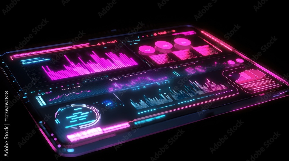 Poster a glowing holographic dashboard with futuristic graphs, real-time data, and innovation-driven digita