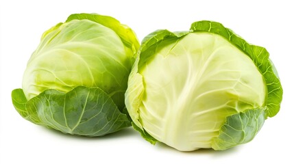 Fototapeta premium Fresh Cabbage Head with Green Leaves on Bright Background