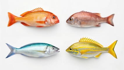Set of four different colorful fish on a white background