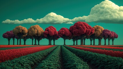 Vibrant Field with Colorful Trees and Dramatic Cloudy Sky