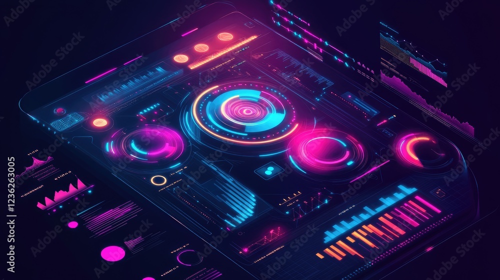 Aufkleber a high-tech holographic interface with digital data, interactive graphs, and vibrant glowing element
