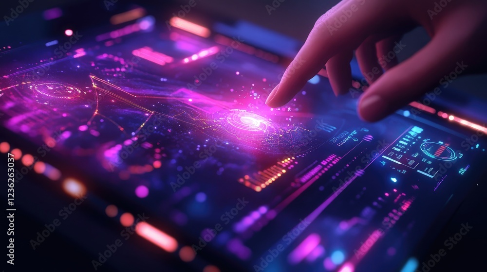 Aufkleber a high-tech holographic interface with digital data, interactive graphs, and vibrant glowing element