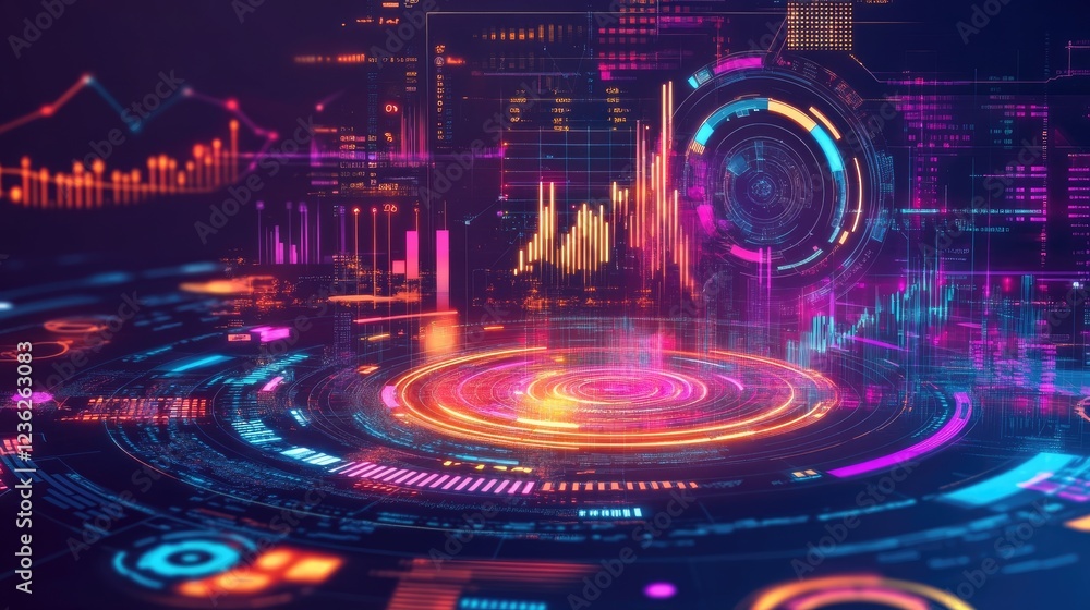 Aufkleber a high-tech holographic interface with digital data, interactive graphs, and vibrant glowing element