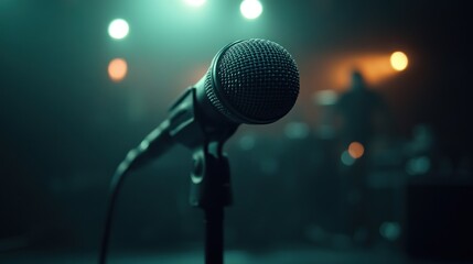 Obraz premium Stage microphone, concert, music, performance, spotlight, smoky, background, vocalist, audio, event
