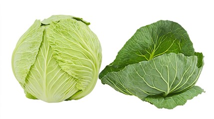 Obraz premium Fresh Green Cabbage Head with Leaves Isolated on White Background