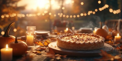 Outdoor table set for autumn dinner with pie, pumpkins, leaves and string lights.