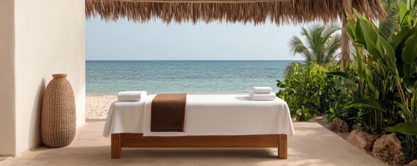 Obraz premium Serene beachfront spa pavilion nestled in a lush tropical setting offering a tranquil and luxurious retreat for relaxation and wellness at a high end resort