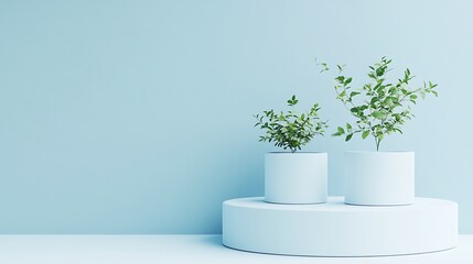 Minimalist Plant Display on Light Blue Platform
