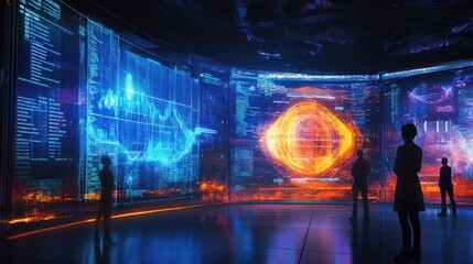 Obraz premium A modern holographic display showcasing glowing graphs, vibrant data, and a cutting-edge futuristic aesthetic