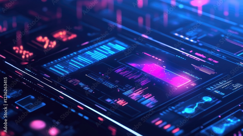 Poster a sleek futuristic interface with holographic data overlays, glowing graphs, and advanced digital te