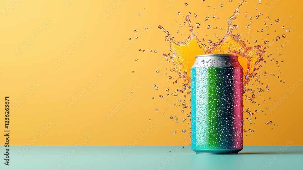 Poster vibrant and colorful energy drink can placed in a splash of liquid creating a dynamic and refreshing