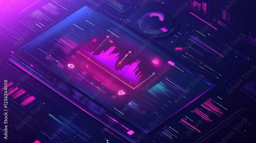Poster futuristic holographic interface with dynamic graphs, glowing data points, and seamless innovation-i