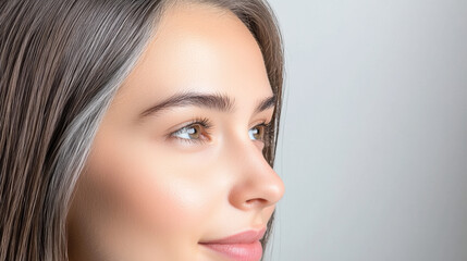 Fototapeta premium close up profile of young woman with smooth skin and long hair, showcasing her natural beauty and serene expression