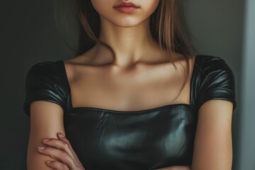 Naklejka premium A close up photo of girl with crossed arms wearing black leather top.