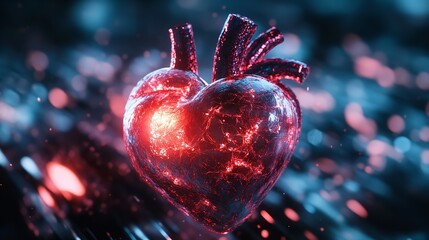 A digital rendering of a beating heart made of glowing lines and dots.