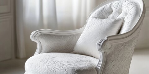 Elegant upholstered armchair with textured white fabric, designed for comfort and style.