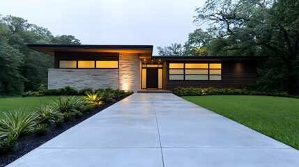 Modern house, evening light, landscaped yard, suburban setting; real estate