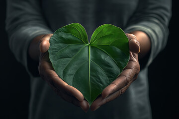 A heart-shaped green leaf held tenderly in hands, symbolizing the beauty of nature and the connection between humanity and the environment.