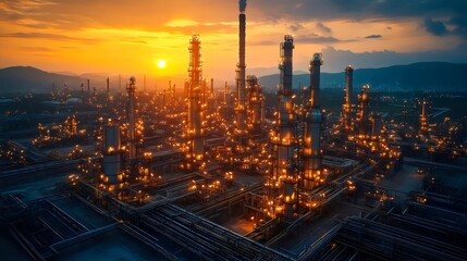 A city skyline with a sunset in the background