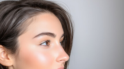 Fototapeta premium close up profile shot of young woman showcasing her smooth skin and dark hair transitioning to lighter shades. image captures serene and natural beauty