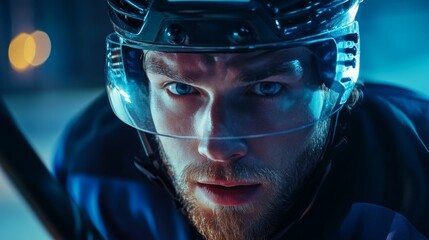 portrait of focused young goal-oriented Caucasian hockey player looking at camera during important tense match, concept professional league hockey match