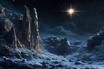 Before dawn, a celestial star lights up the alien landscape of a distant moon