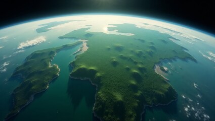 Breathtaking view from space of vibrant green planet with forests, lakes, and rivers 
