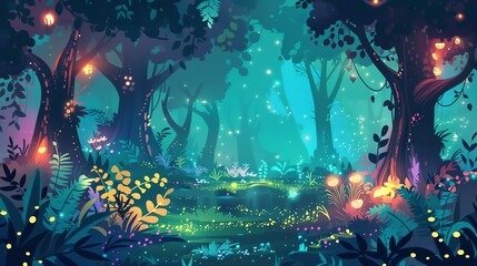 A magical forest with glowing mushrooms and fireflies.