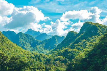Beautiful picturesque green mountains against the blue sky.