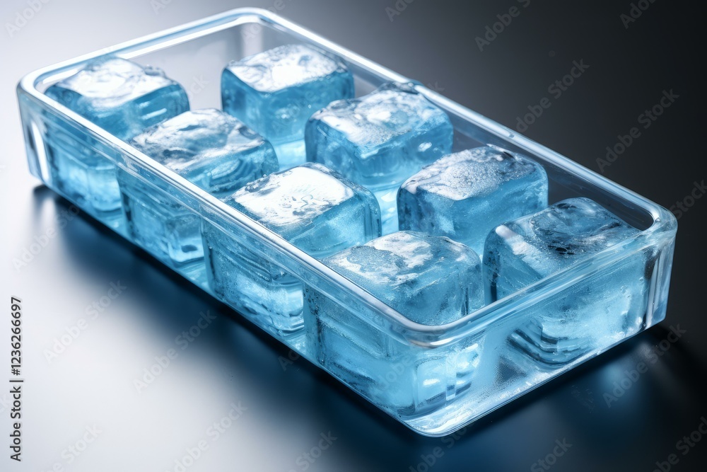 Poster melting ice cubes in a transparent ice cube tray create a refreshing visual, ideal for projects rela