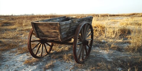Abandoned, old-fashioned carriage with two wheels in a dry and arid setting.