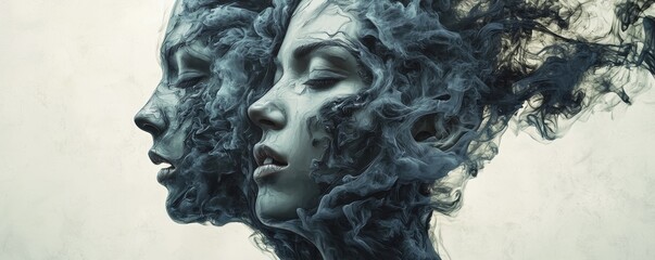 Fragmented faces crafted from liquid metal and smoke, twisting in an intricate ballet of emotions and identity in a surreal void