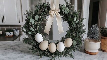 A unique Easter wreath decorated with a blend of pastel ribbons and artificial greenery.