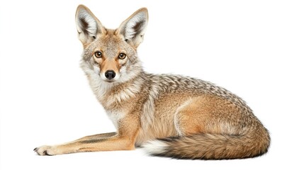 Obraz premium Coyote Sitting on White Background with Alert Expression and Fur Texture